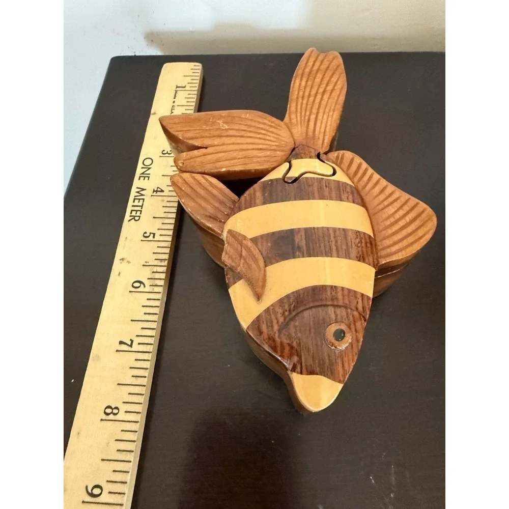 Fish- Wooden Puzzle Box Decorative Jewelry Trinket Box Handmade Vtg‎ Red Velvet
